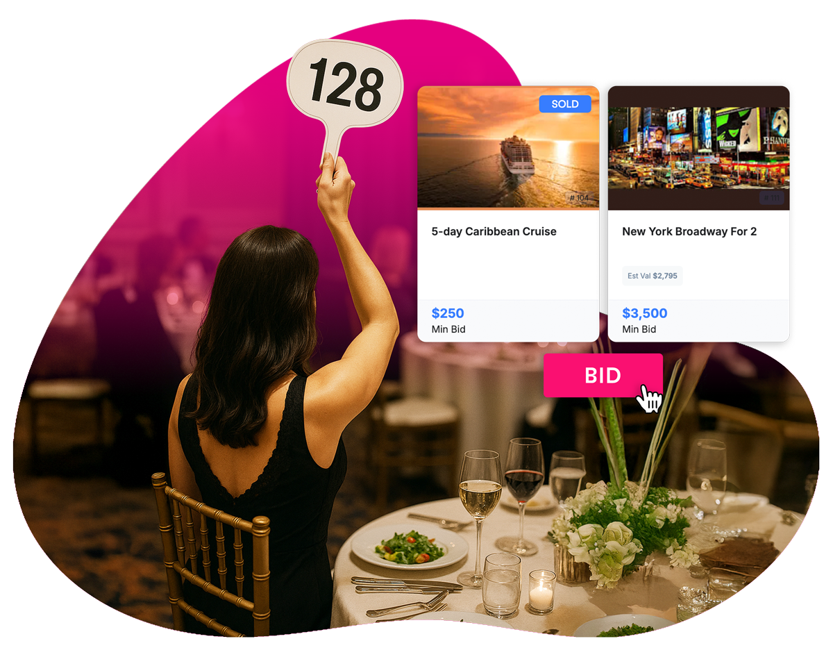 A gala guest raising bid paddle 128 beside auction item cards for a Caribbean cruise and Broadway tickets, with a Bid button