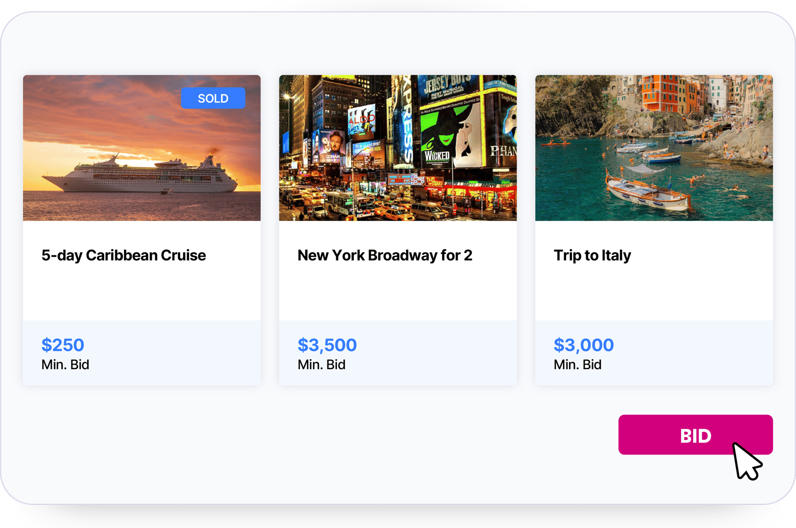 Three auction items, a Caribbean cruise marked sold, a Broadway trip and a trip to Italy, each with a minimum bid, and a BID button