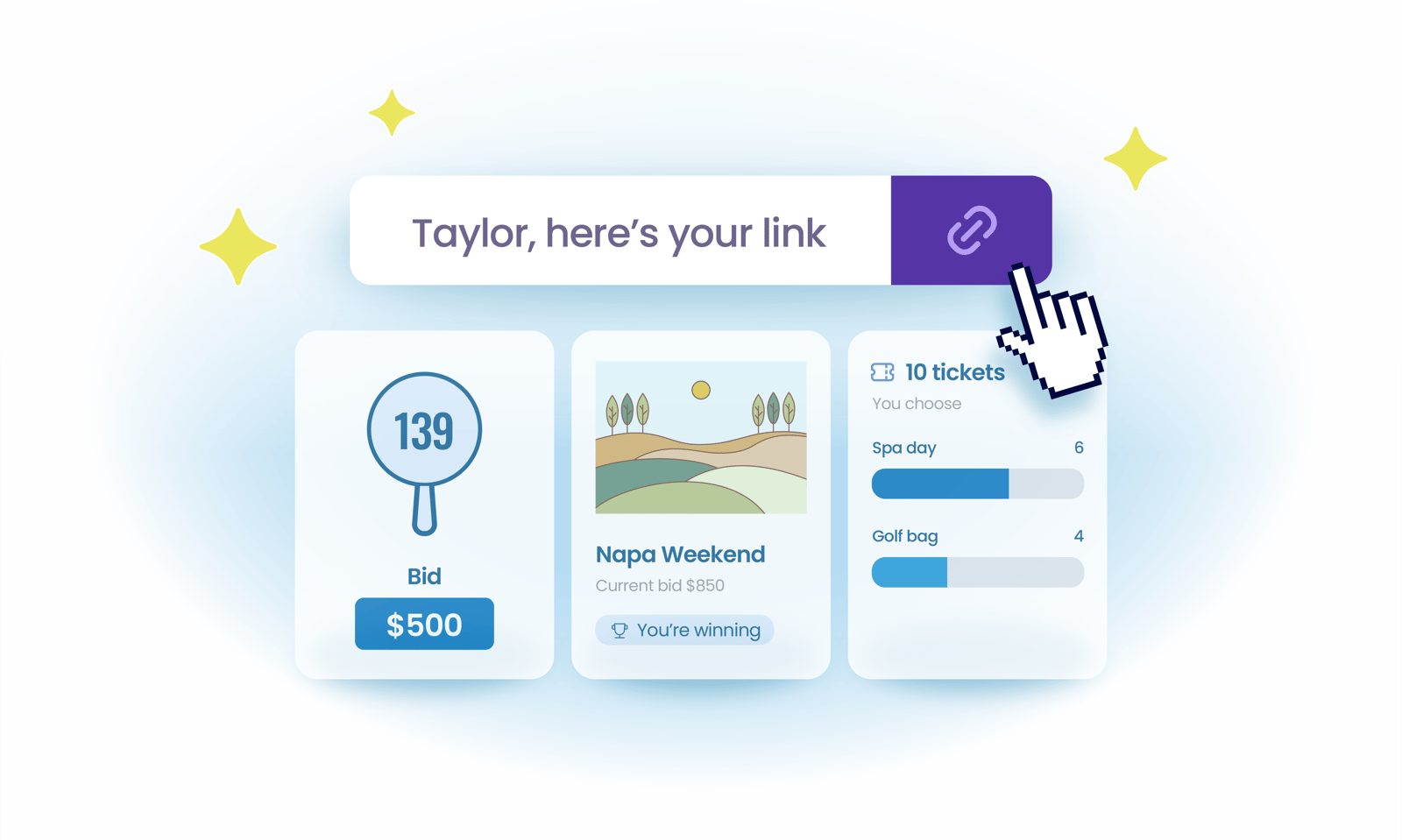 A guest's Magic Link message beside a mobile bid card showing paddle 139 winning a Napa Weekend at 500 dollars and a ten-ticket raffle purchase