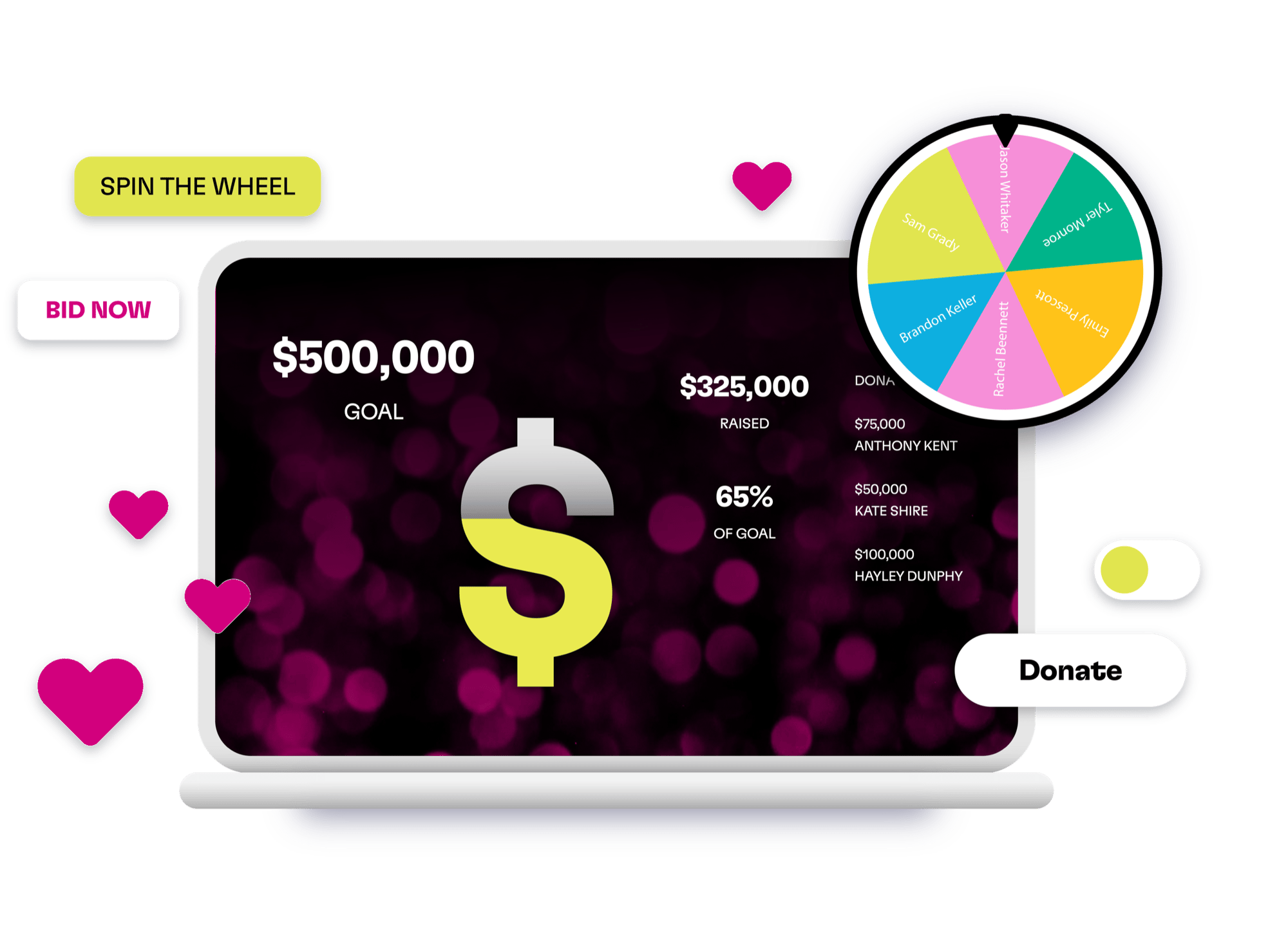 A live fundraising thermometer on the big screen with Spin the Wheel, Bid Now and Donate controls floating around the laptop