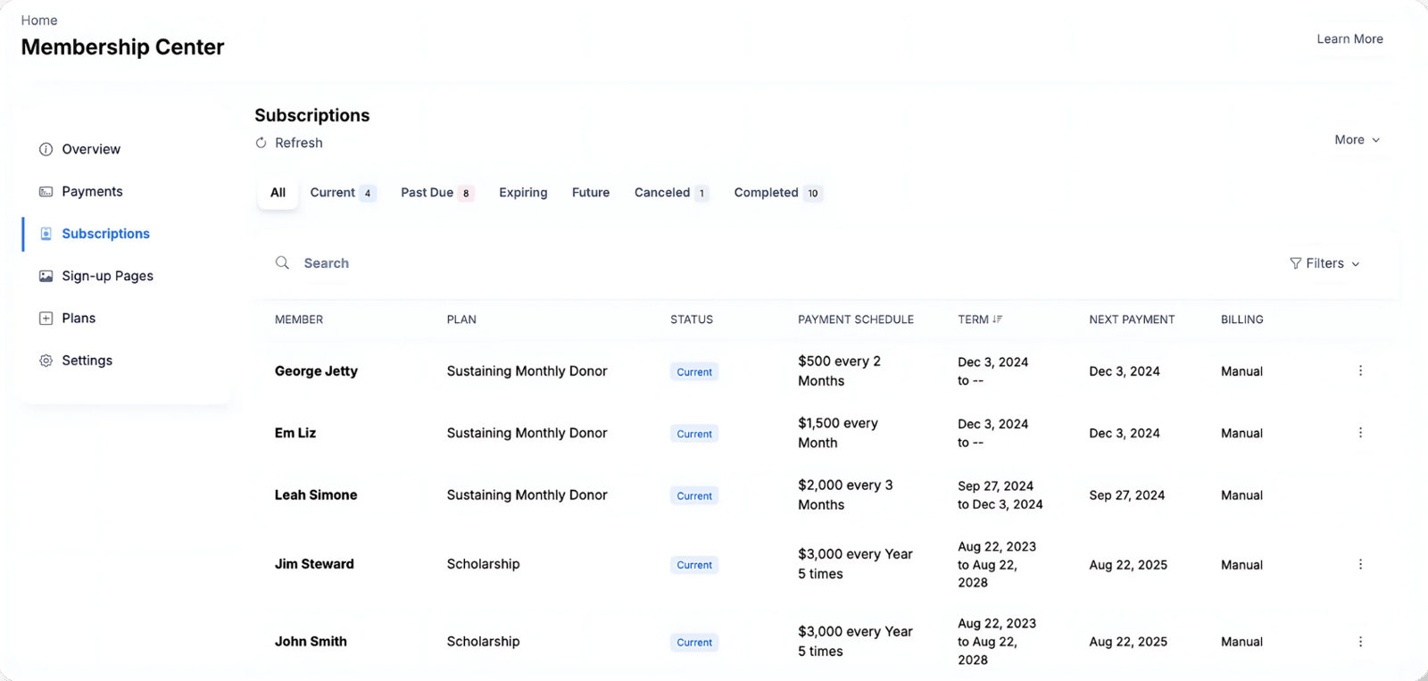 Membership Center Subscriptions list with Current, Past Due, Expiring and Completed filters, and each member's plan, payment schedule, term and next payment