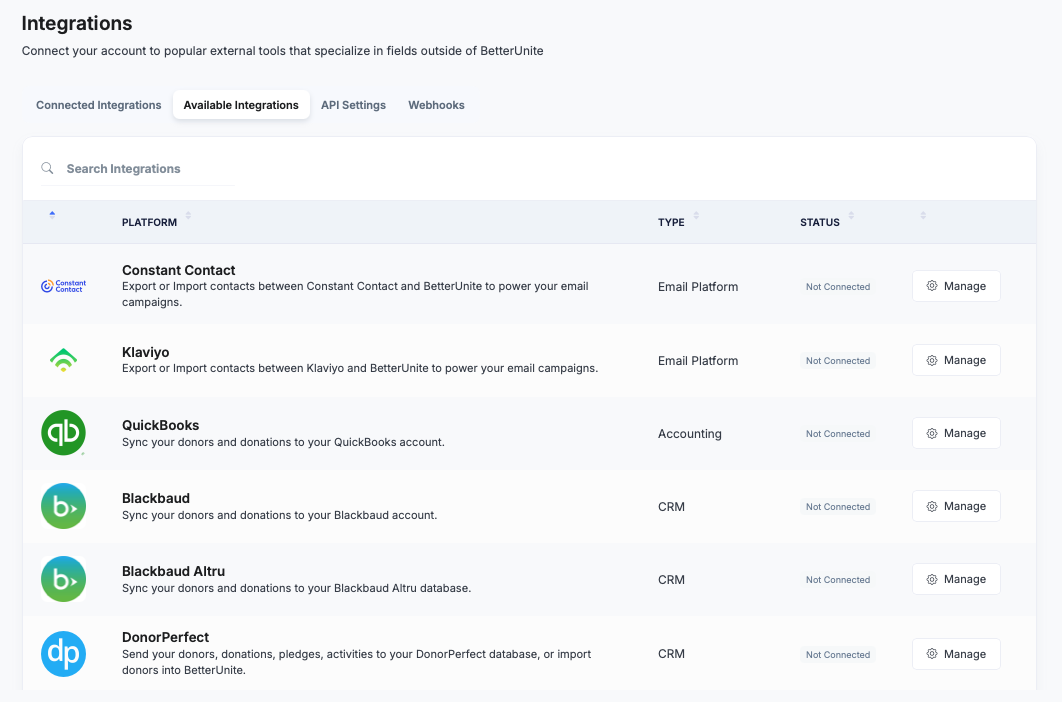 Integrations settings with Connected Integrations, Available Integrations, API Settings and Webhooks tabs, and a list of available platforms including Constant Contact, Klaviyo, QuickBooks, Blackbaud, Blackbaud Altru and DonorPerfect, each with a type, status and Manage button