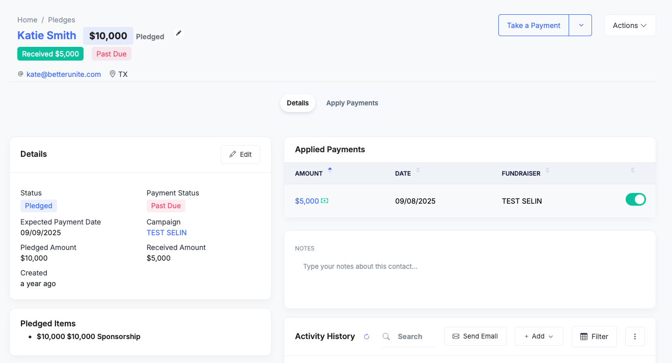 Pledge detail page for Katie Smith: 10,000 dollars pledged with 5,000 received and a Past Due flag, an Apply Payments tab, and an applied payment with its toggle switched on