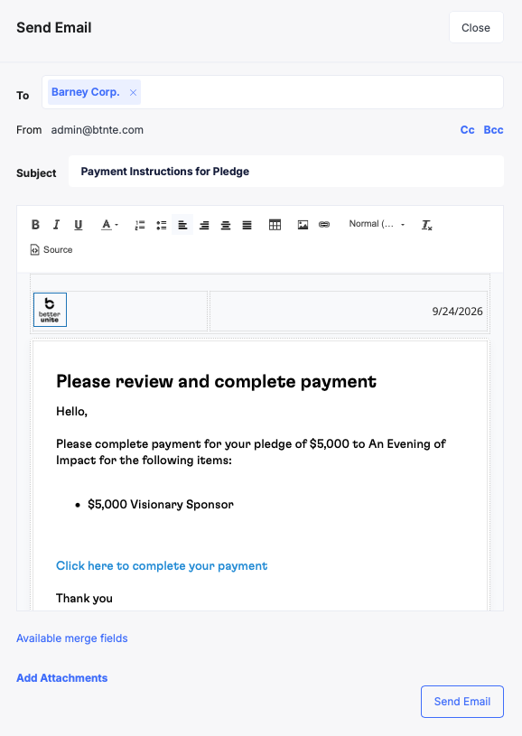 Send Email composer addressed to Barney Corp. with the subject Payment Instructions for Pledge: a branded message asking them to complete payment for a 5,000 dollar pledge to An Evening of Impact, the pledged item, and a Click here to complete your payment link