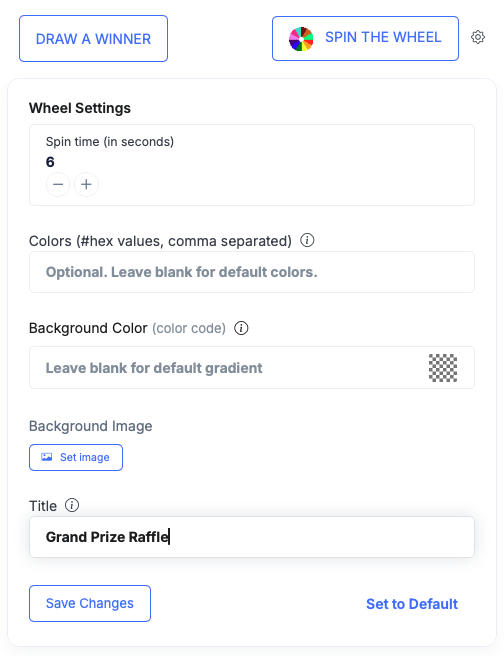 Wheel Settings panel with Draw a Winner and Spin the Wheel buttons, spin time, custom colors, background color and image, and a Title field reading Grand Prize Raffle