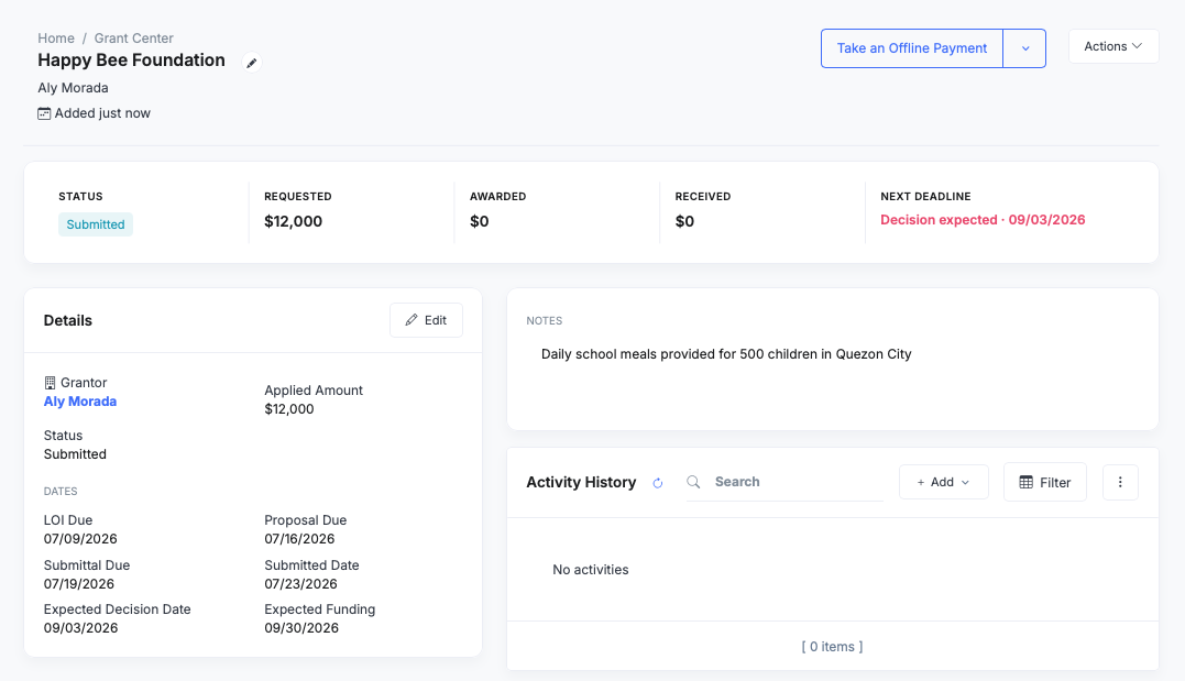 Grant record for the Happy Bee Foundation: Submitted status, requested, awarded and received amounts, the next deadline flagged in red, grantor, applied amount, the six key dates, notes and activity history, with a Take an Offline Payment button