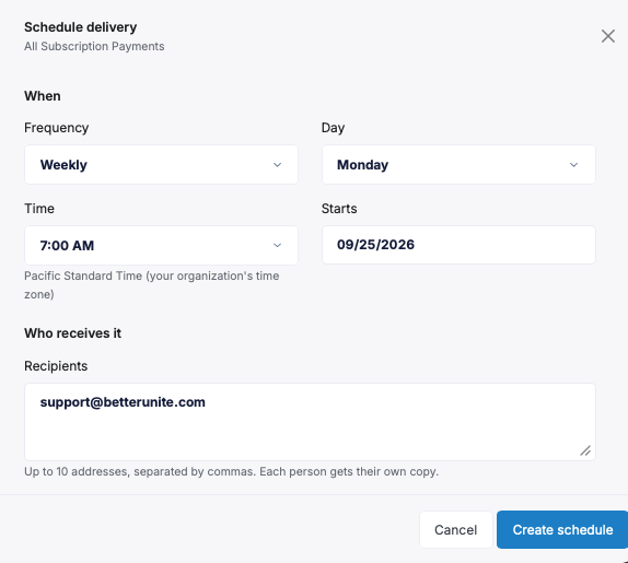 Schedule delivery form for the All Subscription Payments report: frequency Weekly on Monday at 7:00 AM starting 09/25/2026, recipients set to a support address with up to ten addresses allowed, and a Create schedule button
