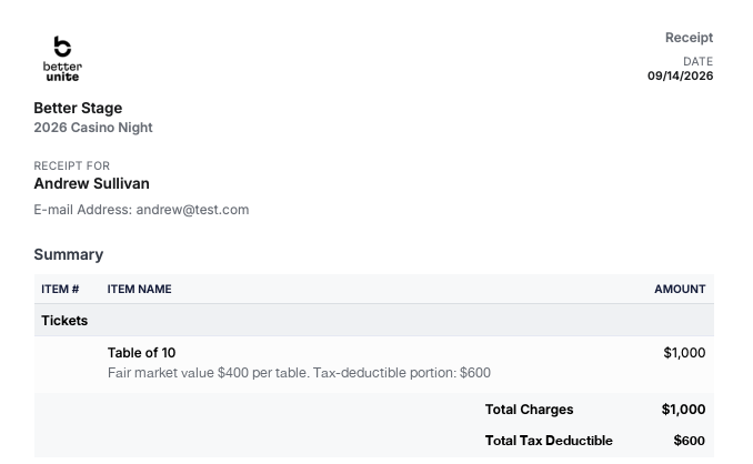 Receipt page for Andrew Sullivan from Better Stage for the 2026 Casino Night: date, receipt for, email address, and a summary table with a Table of 10 ticket at 1,000 dollars, a fair market value of 400 dollars with a tax-deductible portion of 600, total charges and a total tax deductible line