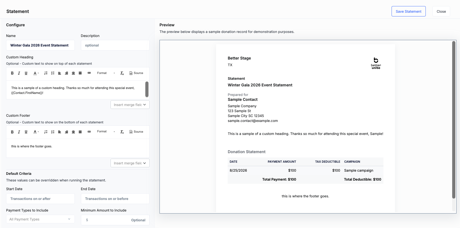 Statement template editor: a Configure column with name, description, a custom heading and custom footer with Insert merge field menus, and default criteria for dates, payment types and minimum amount, beside a live preview of the finished statement, with a Save Statement button