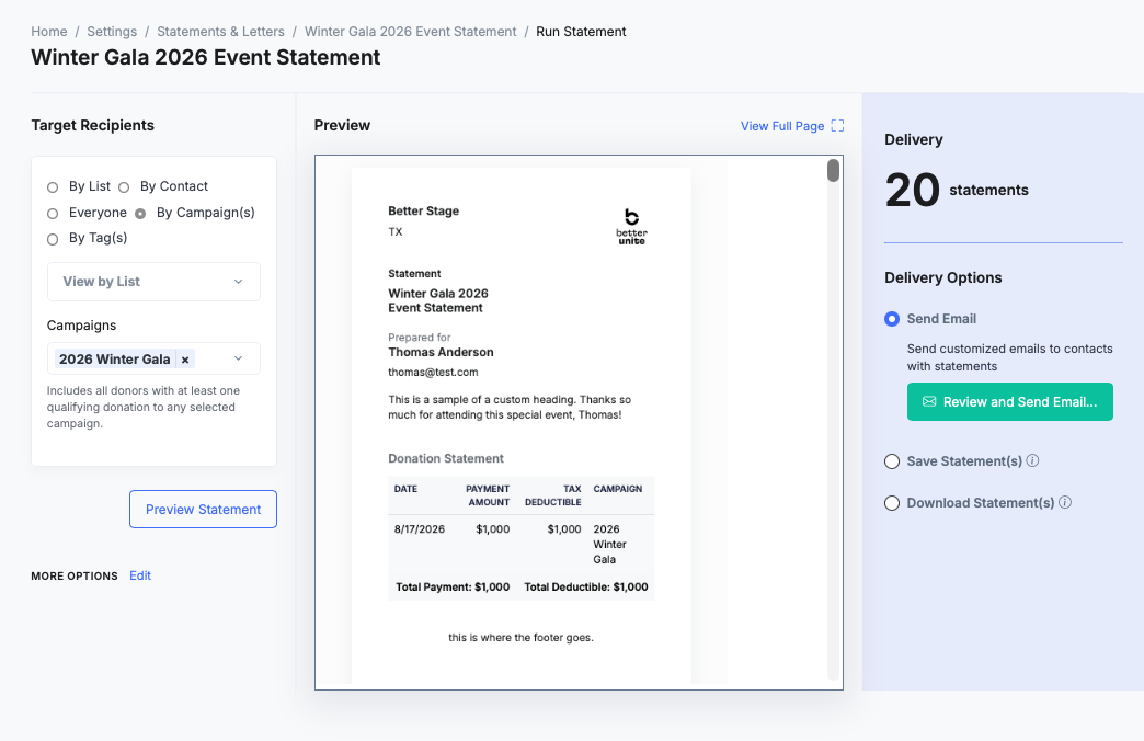 Run Statement screen: Target Recipients by campaign with 2026 Winter Gala selected, a preview of the Winter Gala 2026 Event Statement prepared for Thomas Anderson with its donation table, and Delivery showing 20 statements with Send Email selected and a Review and Send Email button