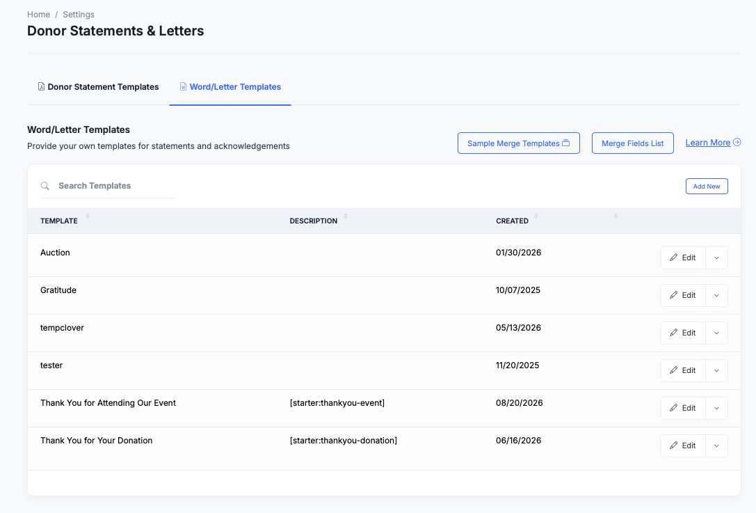 Donor Statements and Letters settings, Word/Letter Templates tab: Sample Merge Templates and Merge Fields List buttons above a table of templates including Auction, Gratitude, Thank You for Attending Our Event and Thank You for Your Donation, each with an Edit button