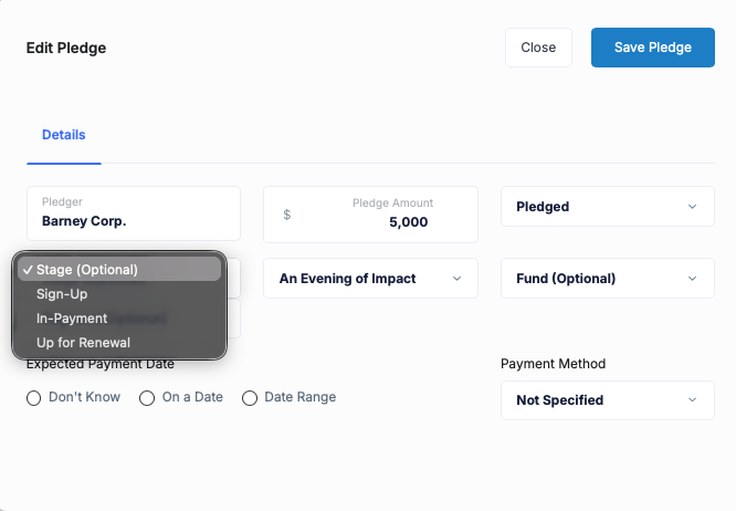 Edit Pledge form with the Stage dropdown open, listing custom pledge stages Sign-Up, In-Payment and Up for Renewal beside the campaign and fund selectors