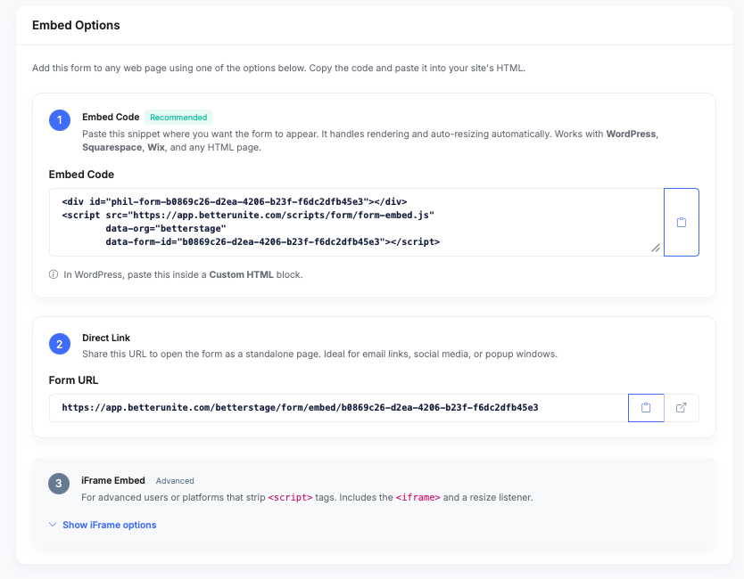 Embed Options for a form: a recommended Embed Code snippet that works with WordPress, Squarespace, Wix and any HTML page, a Direct Link form URL, and an advanced iFrame Embed option