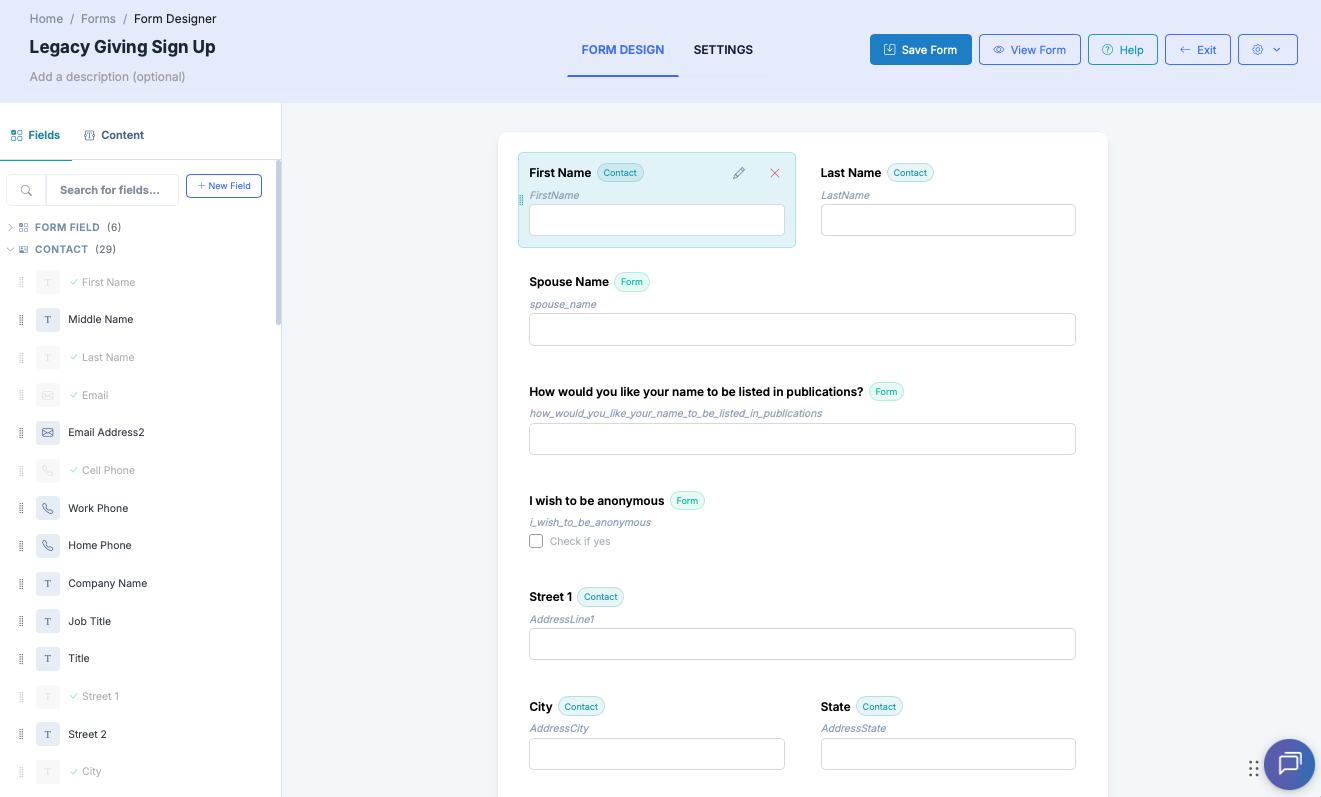 Form Designer editing a Legacy Giving Sign Up form: a searchable field palette with Form Field and Contact groups on the left, and a canvas with First Name, Last Name, Spouse Name, a publications listing question, an anonymity checkbox and address fields, each tagged Contact or Form