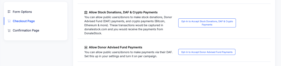 Campaign Checkout Page settings with two opt-ins: Allow Stock Donations, DAF and Crypto Payments, and Allow Donor Advised Fund Payments, each with its opt-in button