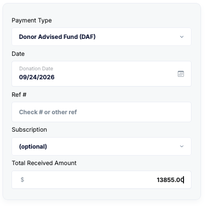 Payment panel with Donor Advised Fund (DAF) selected as the payment type, a donation date, reference number, optional subscription and a total received amount of 13,855 dollars