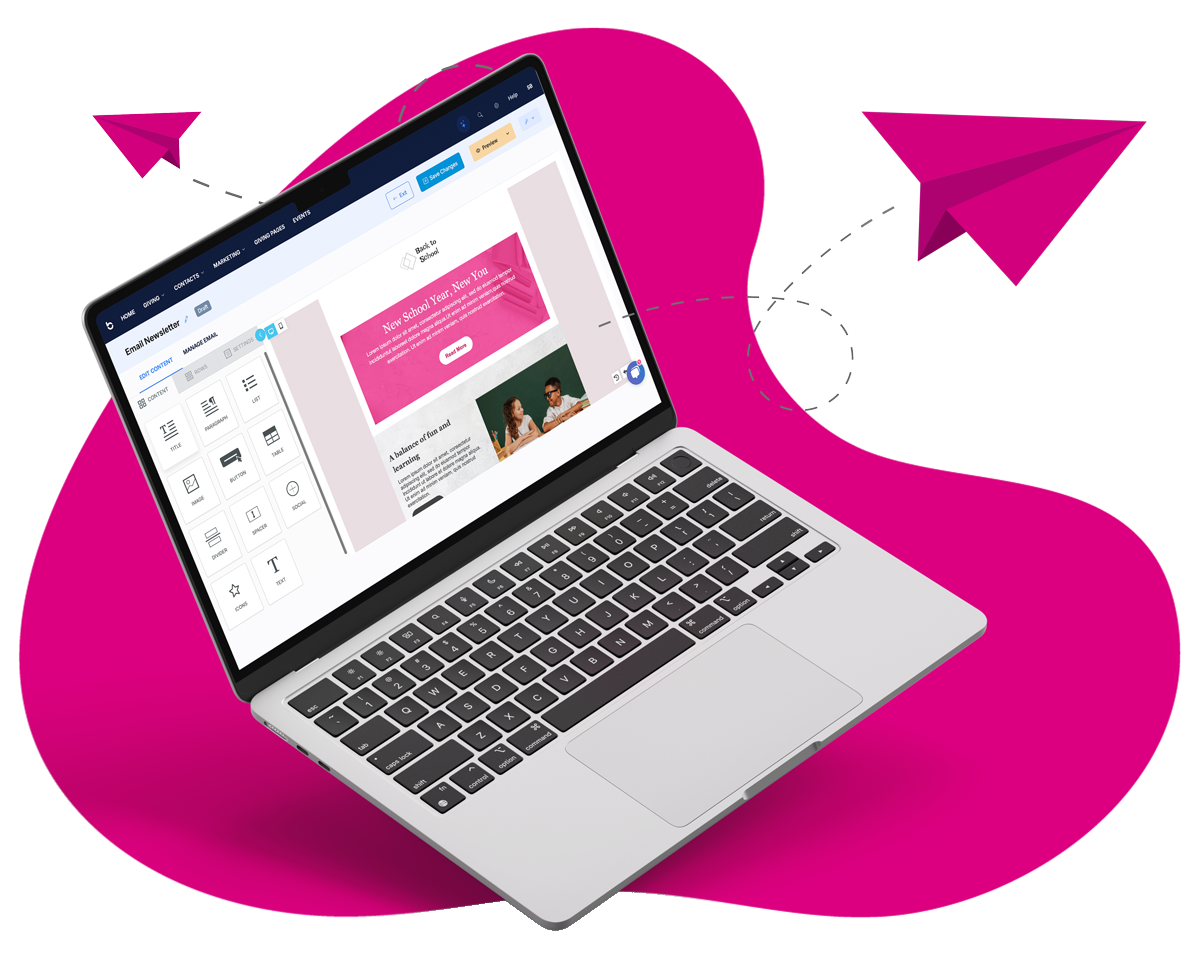 A laptop showing the BetterUnite email newsletter builder with a Back to School campaign, and pink paper planes in flight