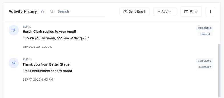 Contact Activity History showing a sent email, Thank you from Better Stage, logged as completed and outbound, and above it a reply from Sarah Clark on Sep 20 quoting Thank you so much, see you at the gala, tagged inbound, both logged as email activities