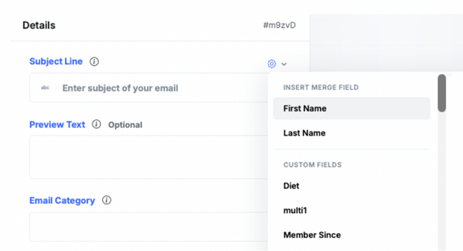 Email Details panel with Subject Line, Preview Text and Email Category, and the Insert Merge Field menu open listing First Name, Last Name and custom fields such as Member Since and Affiliation