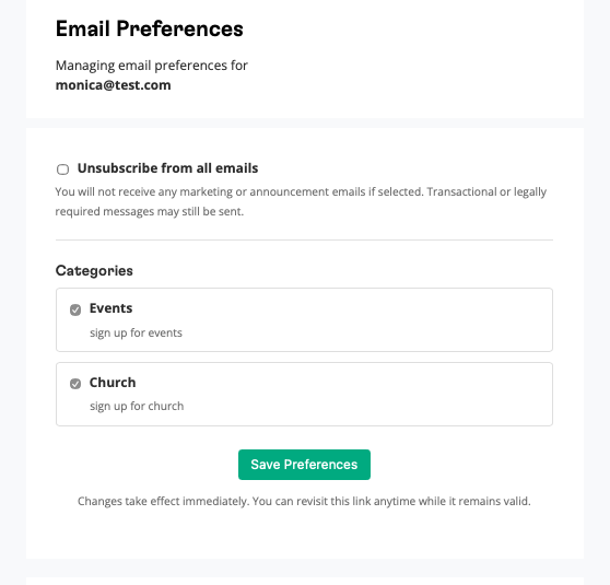 Donor-facing Email Preferences page for monica at test dot com: an Unsubscribe from all emails option, then Categories with Events and Church each ticked, and a Save Preferences button