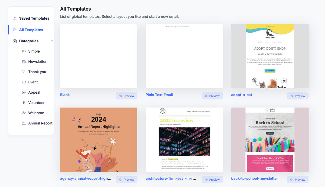 Email template library: All Templates with categories Simple, Newsletter, Thank you, Event, Appeal, Volunteer, Welcome and Annual Report, and template cards including Blank, Plain Text Email, adopt-a-cat, annual report highlights, year in review and back-to-school newsletter