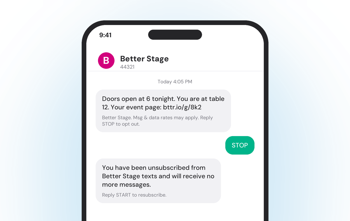 Illustration of the top half of a phone showing texts from Better Stage: an event reminder ending with the compliance footer Msg and data rates may apply, Reply STOP to opt out, a STOP reply, and a confirmation that the guest is unsubscribed with Reply START to resubscribe