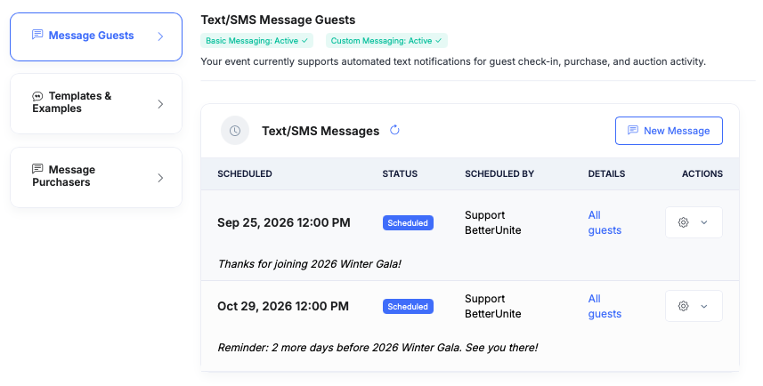 Text/SMS Message Guests for an event: Basic and Custom Messaging active, a note that the event supports automated texts for check-in, purchase and auction activity, and a table of scheduled messages to all guests, Thanks for joining 2026 Winter Gala and a two-day reminder, with a New Message button