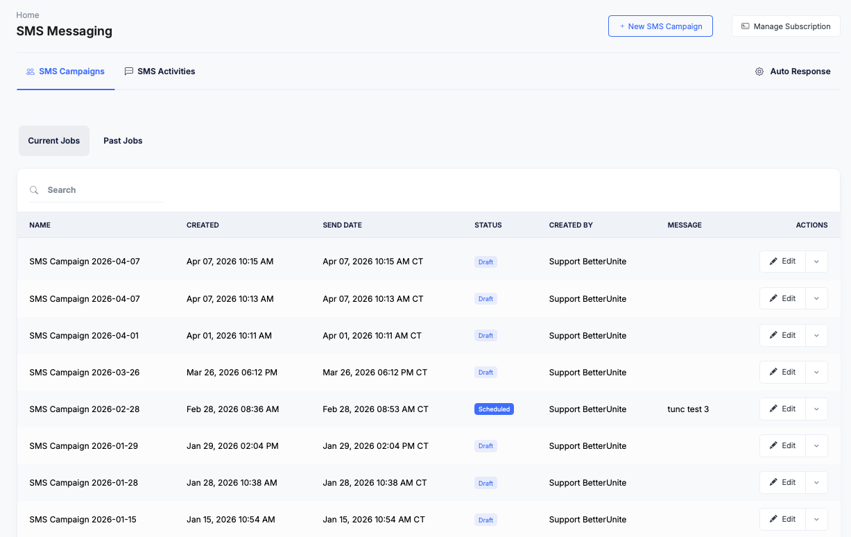 SMS Messaging screen with SMS Campaigns and SMS Activities tabs, New SMS Campaign and Manage Subscription buttons, an Auto Response link, and a table of current campaign jobs with created and send dates, status, creator and message