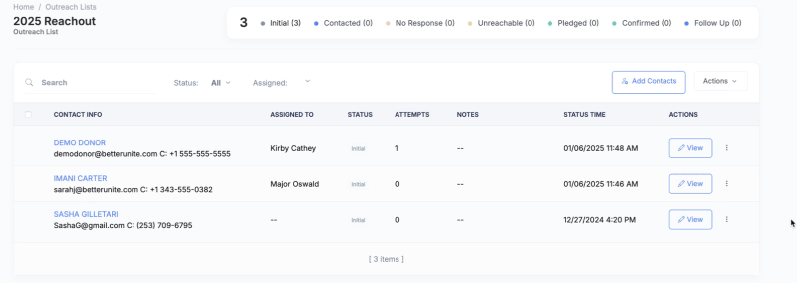 2025 Reachout outreach list with Initial, Contacted, No Response, Unreachable, Pledged, Confirmed and Follow Up status counts, each contact's assigned caller and attempts