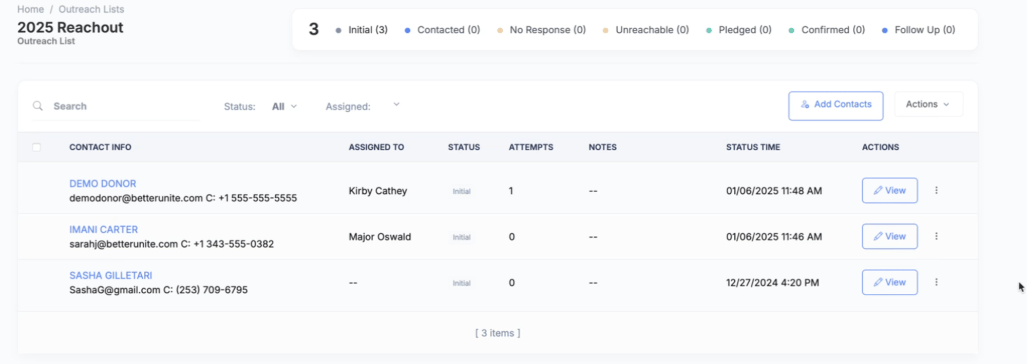 2025 Reachout outreach list with Initial, Contacted, No Response, Unreachable, Pledged, Confirmed and Follow Up status counts, each contact's assigned caller and attempts
