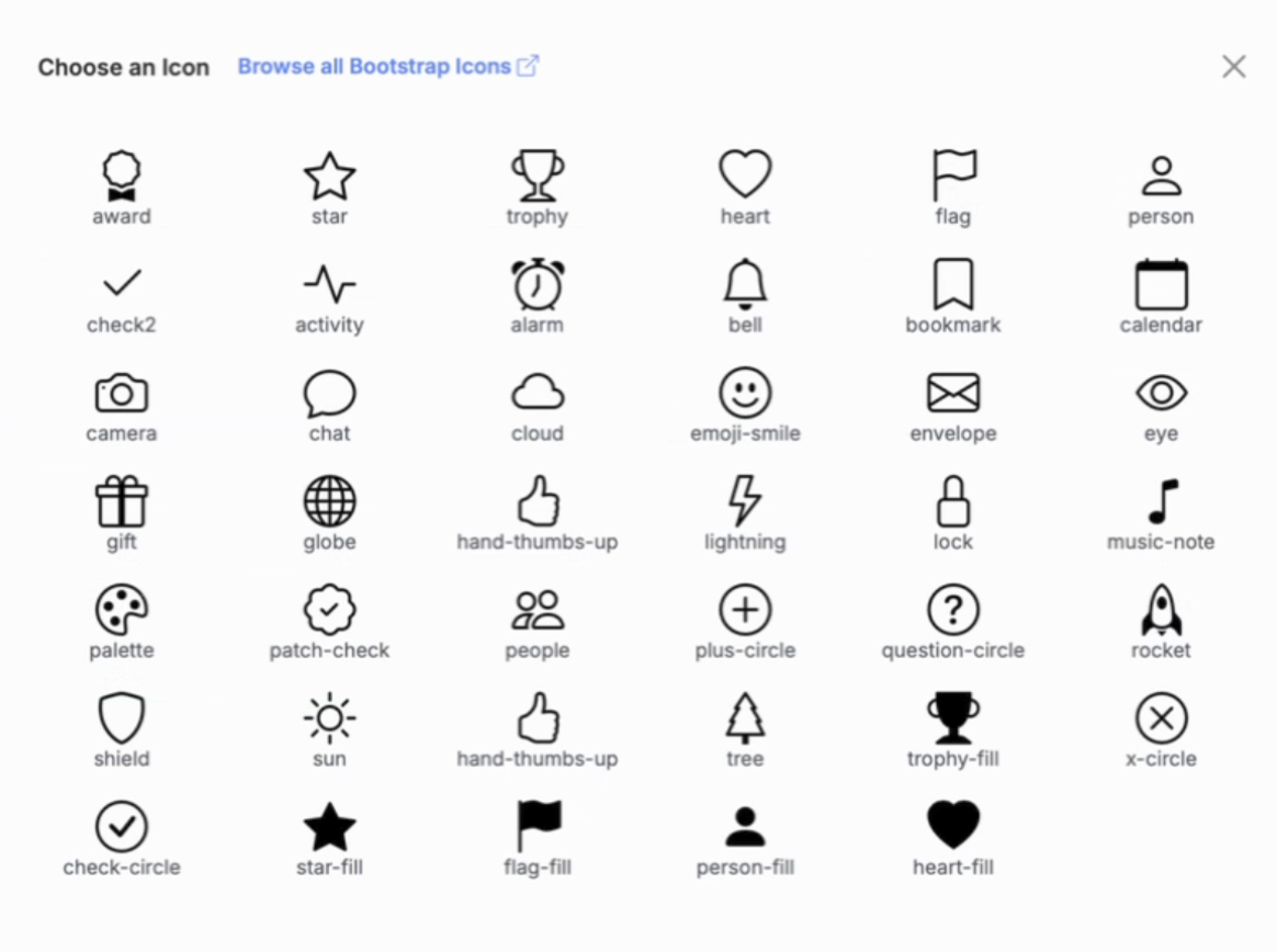 Choose an Icon picker for a custom badge, offering award, star, trophy, heart, flag, rocket and other icons