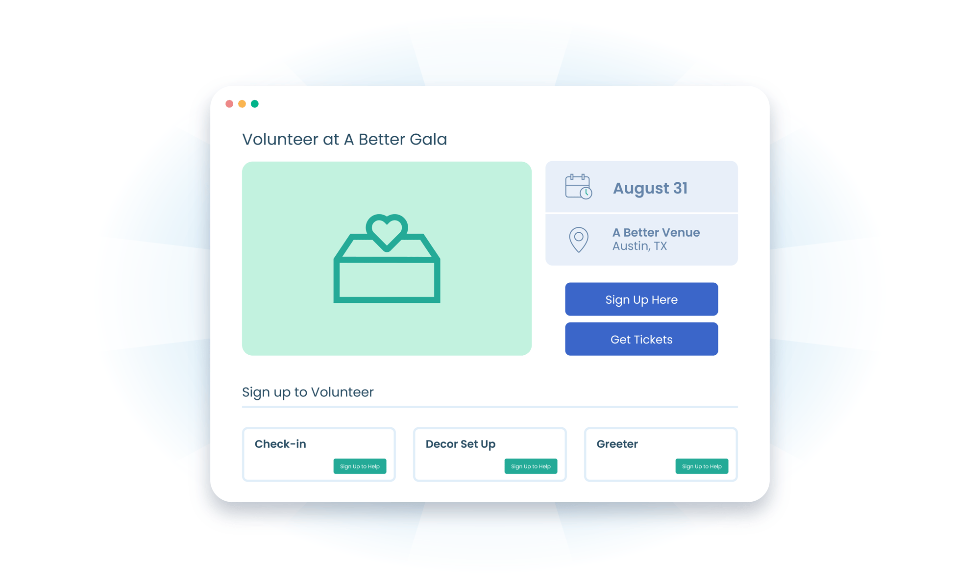 Public volunteer signup page for A Better Gala with a shift card, its date, and a Sign up button