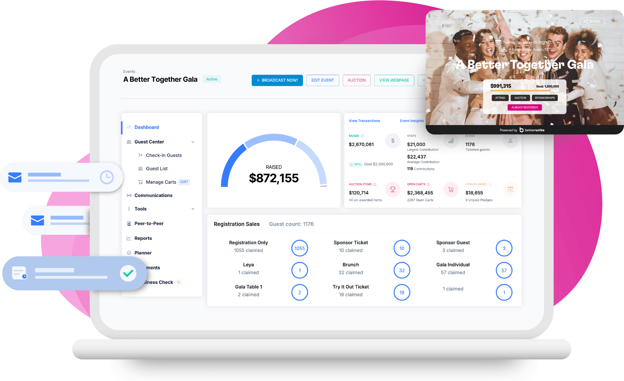 Illustration of a laptop showing an event dashboard for A Better Together Gala: a raised thermometer at 872,155 dollars, event insight tiles and registration sales by ticket type, with the event page and notification cards floating around it on a pink shape