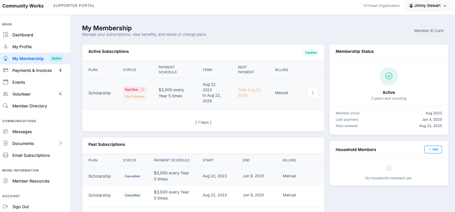Supporter portal My Membership view with an active Scholarship subscription, its payment schedule, term and next payment, past subscriptions, a membership status panel and household members