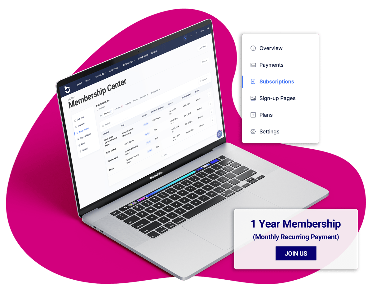 A laptop showing the BetterUnite Membership Center subscriptions list, with a membership navigation panel and a one-year membership Join Us card