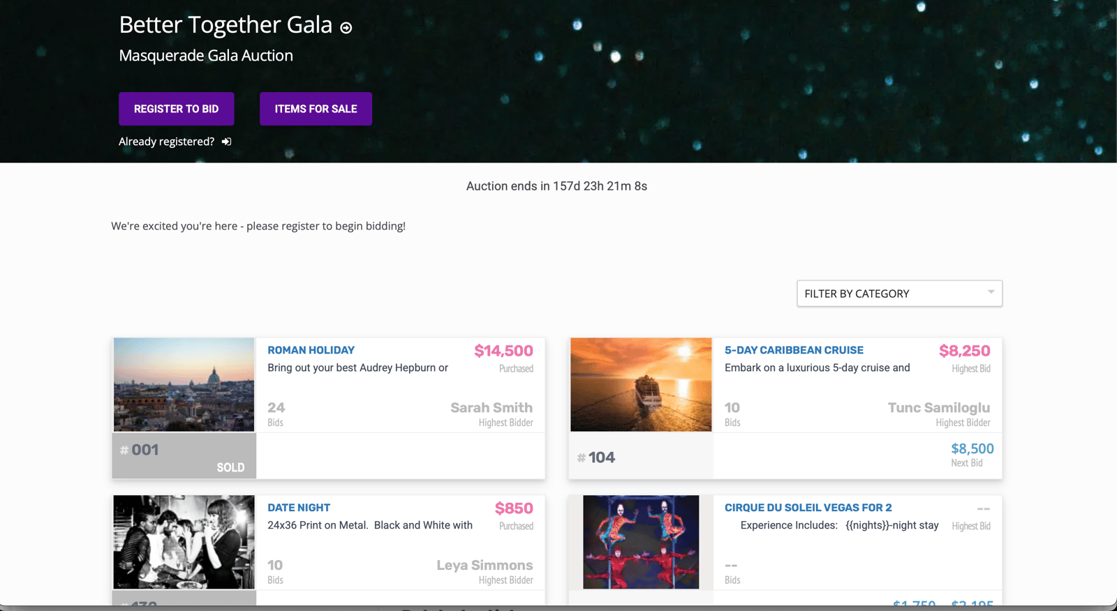 Better Together Gala online auction page with Register to Bid and Items for Sale buttons, a countdown to close, and item cards showing bids, highest bidders and next bid