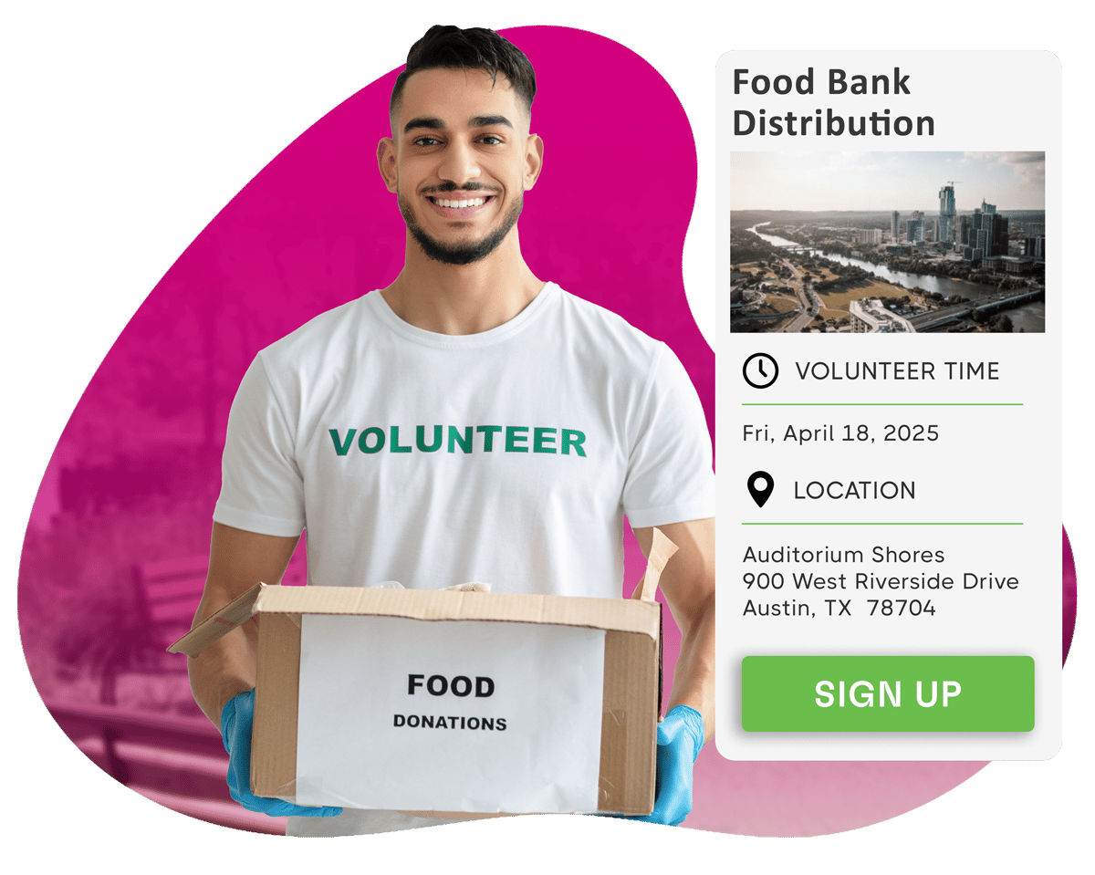 A volunteer holding a box of food donations beside a Food Bank Distribution shift card with time, location and a Sign Up button