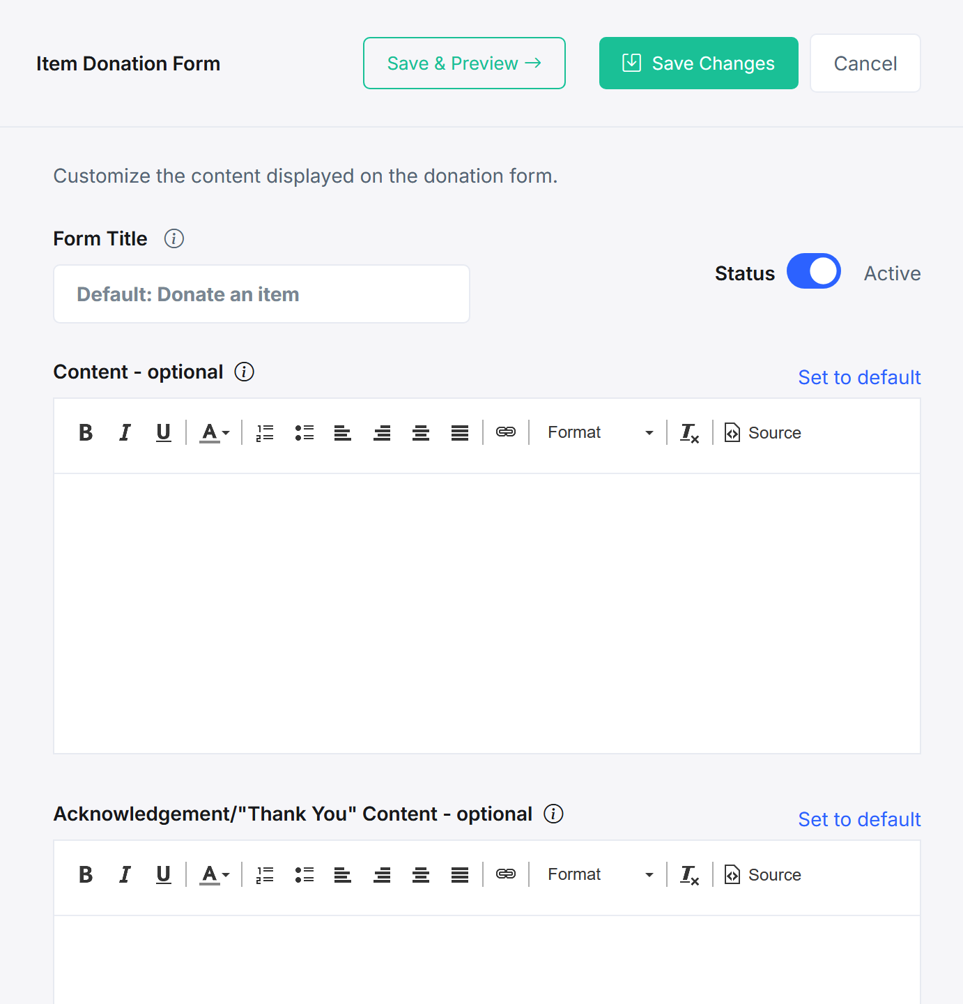 Item Donation Form settings with the form title, the status toggle set to Active, and rich-text editors for the form content and the thank-you message