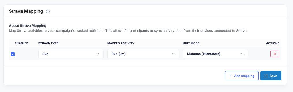 Strava Mapping settings: an enabled mapping from the Strava type Run to the campaign activity Run in kilometres with the unit mode Distance, plus Add mapping and Save buttons