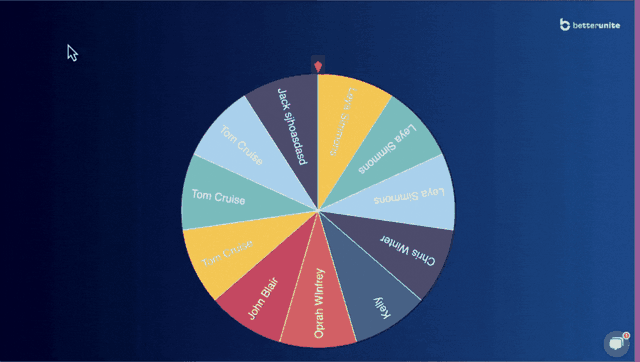 Animated Spin-the-Wheel drawing with named wedges spinning to a winner