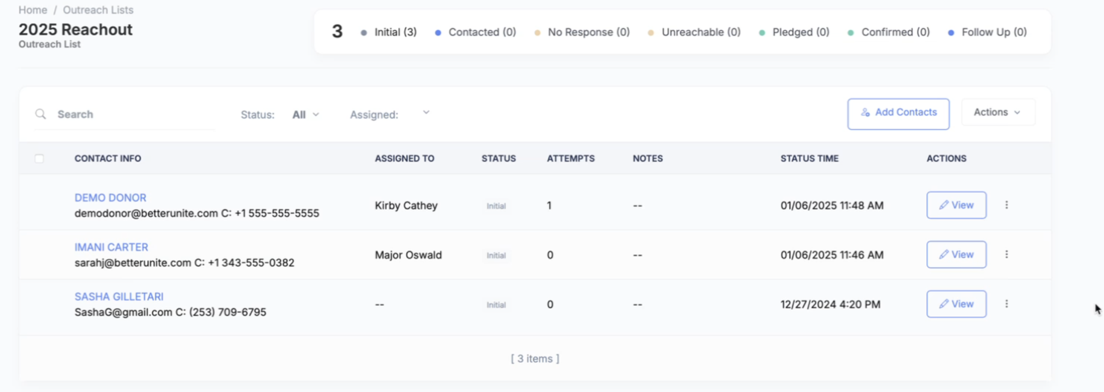 2025 Reachout outreach list with Initial, Contacted, No Response, Unreachable, Pledged, Confirmed and Follow Up status counts, each contact's assigned caller and attempts