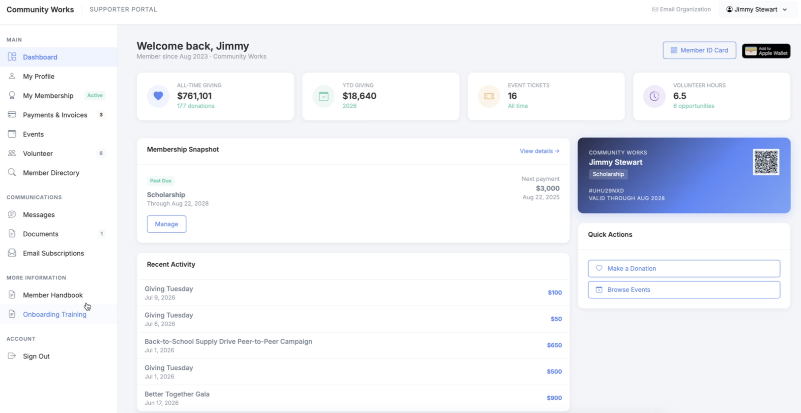 Supporter portal dashboard for Jimmy Stewart with all-time and year-to-date giving, event tickets, volunteer hours, a membership snapshot, recent activity and a digital member ID card