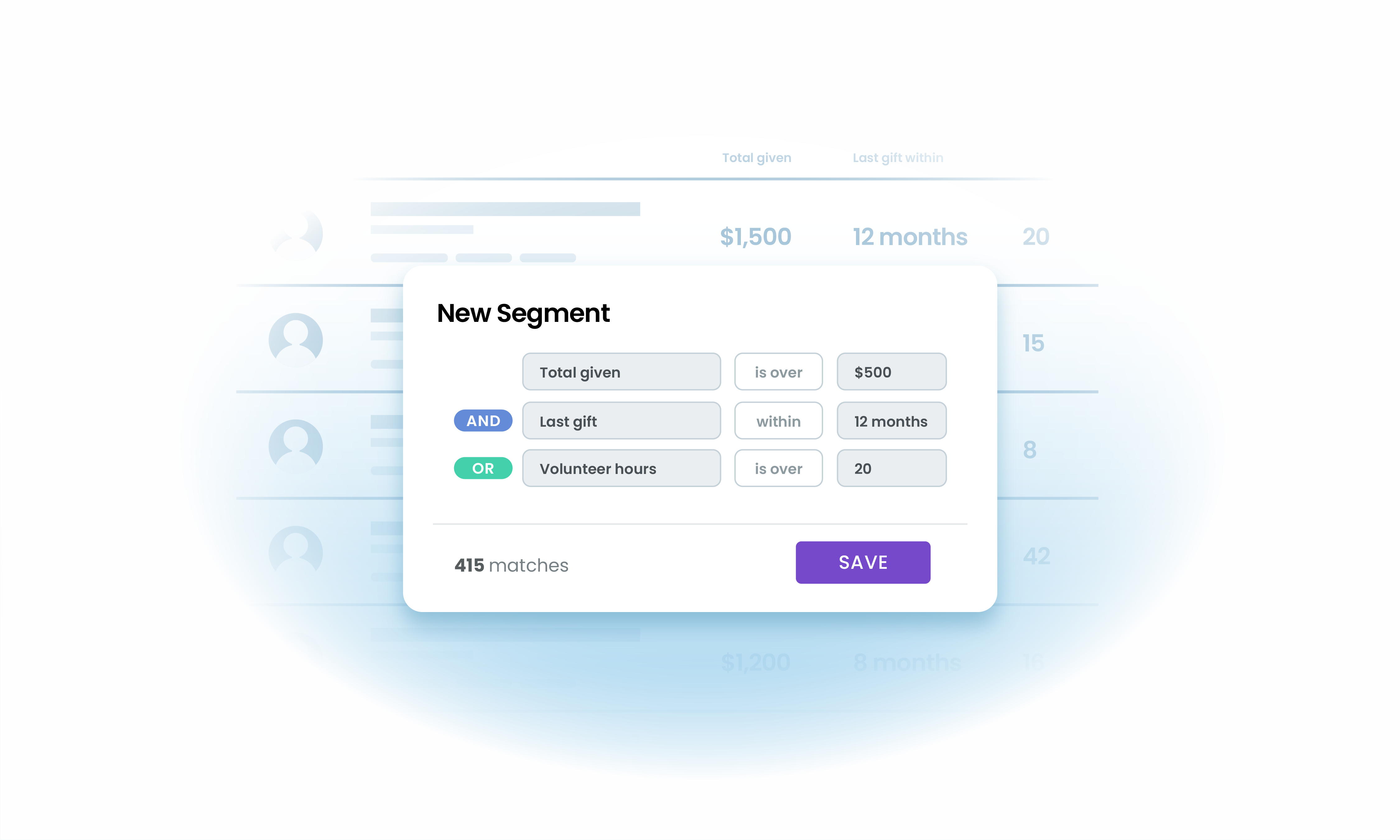 New Segment builder with stacked filter rules and a save-as-list action