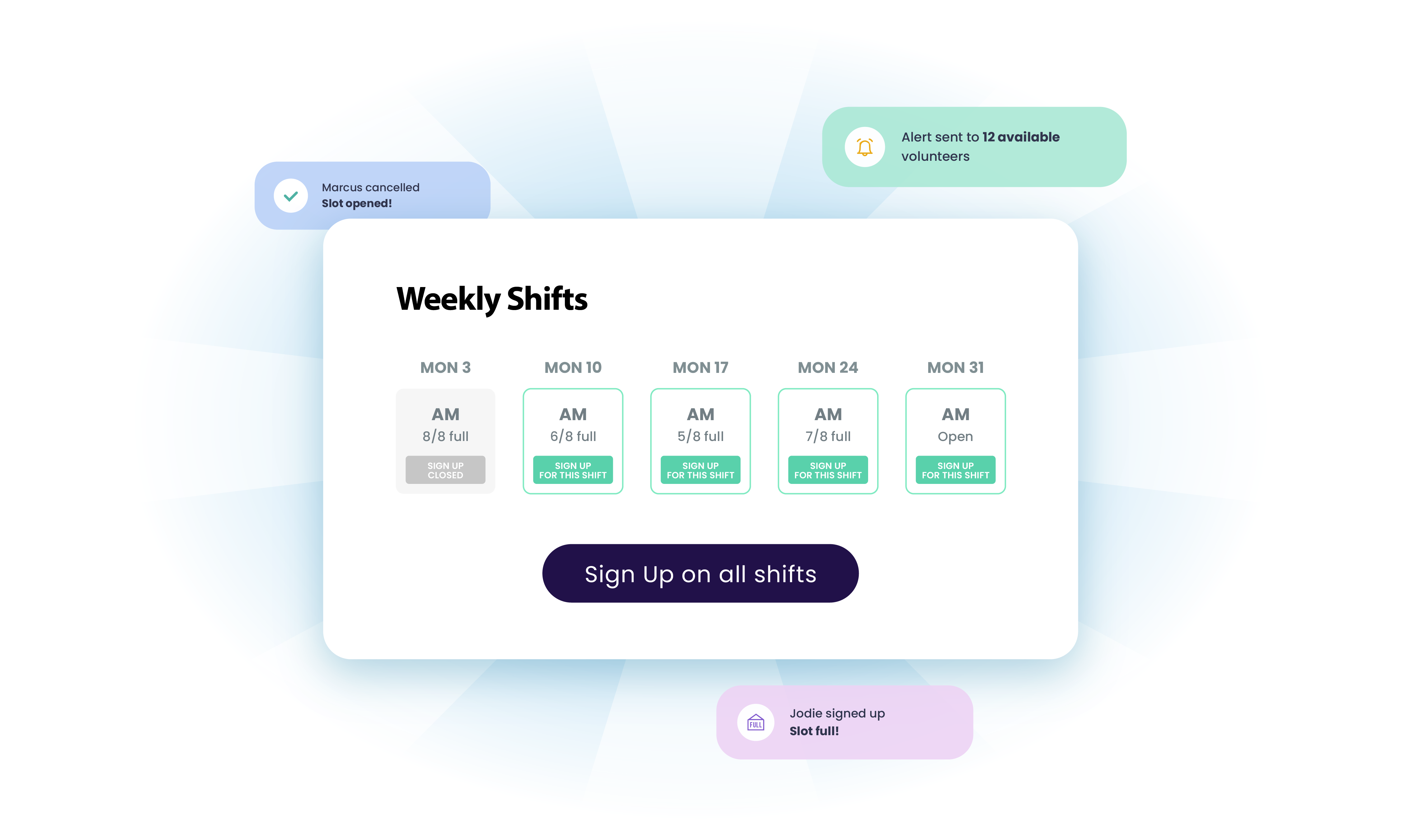 Weekly Shifts calendar with open shifts and a sign-up button