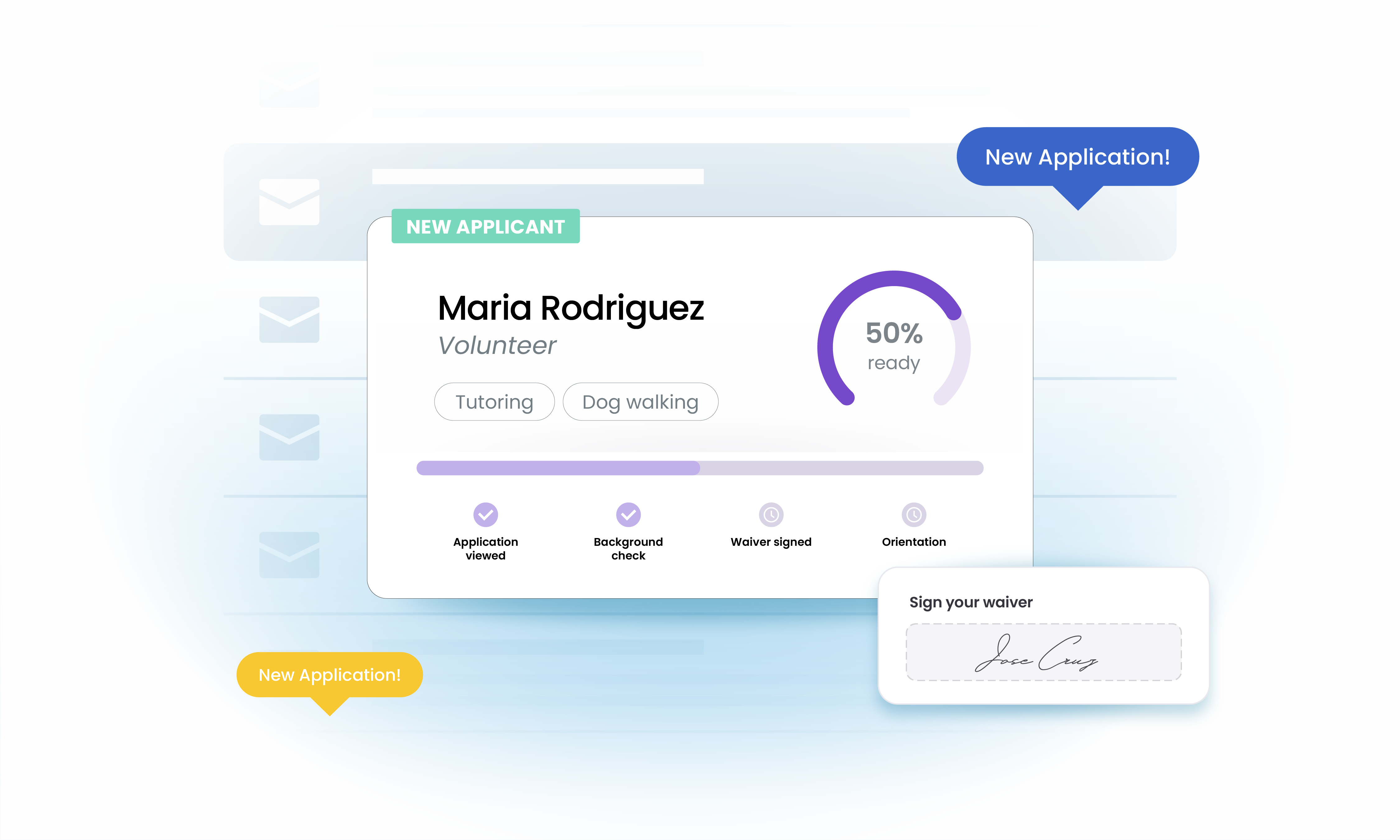 Volunteer profile for Maria Rodriguez with background check and compliance status