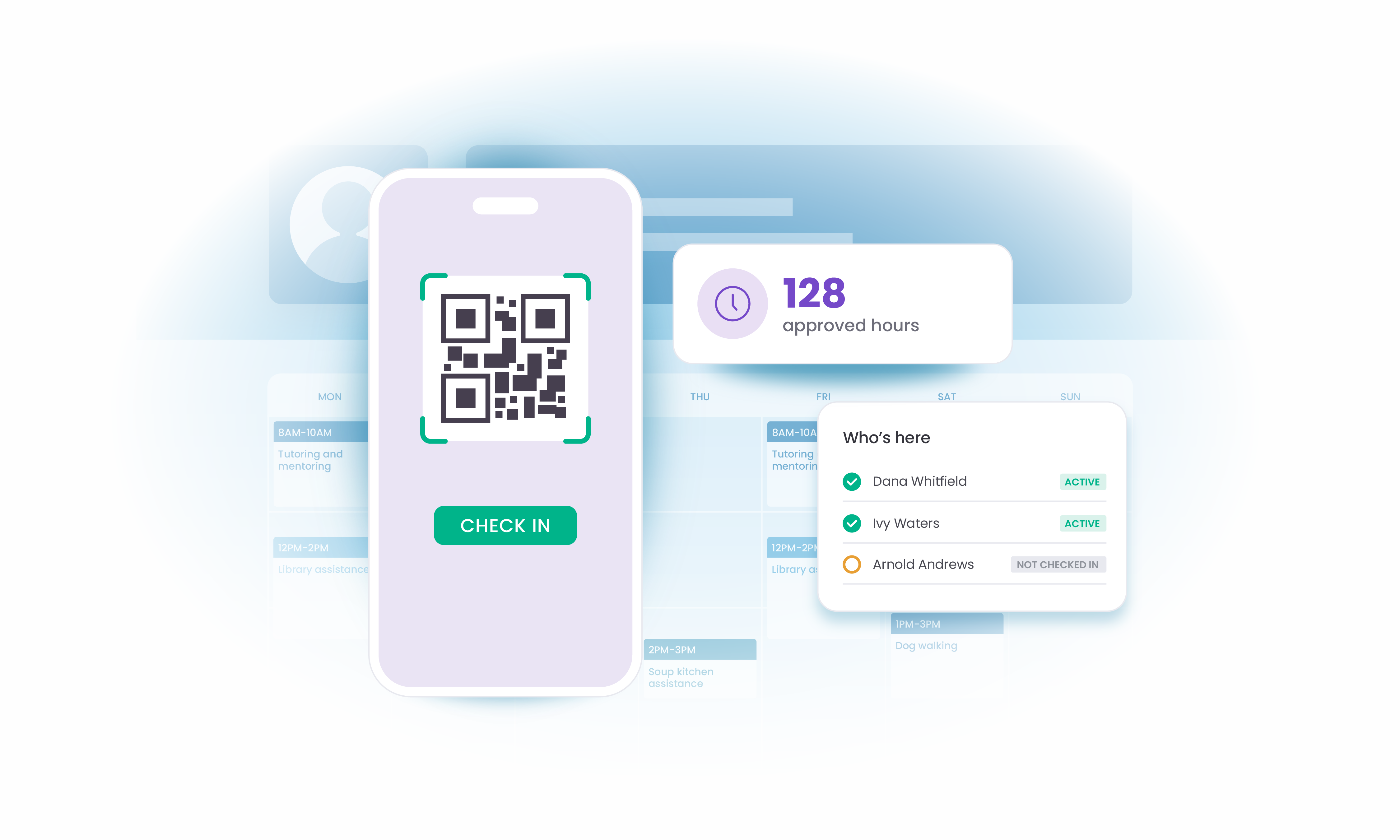 Volunteer self-service portal on a phone with a QR code and 128 logged hours